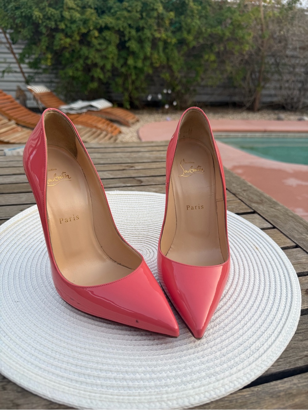 Christian Louboutin Coral Pink Patent Pointed-Toe Stiletto Pumps - Picture 2 of 6